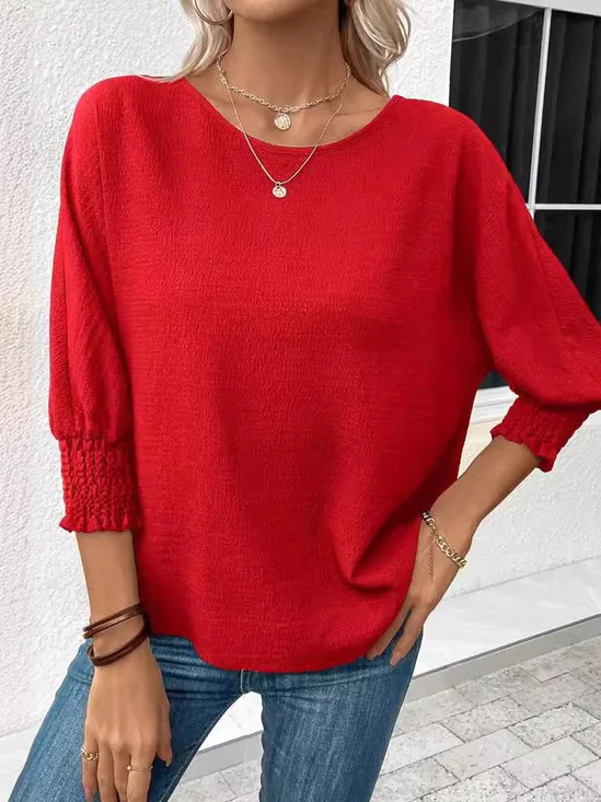 Damen Dreiviertelärmel Bluse Frühling/Herbst Unifarben Jersey Rundhals Täglich Ausgehen Lässig Oberteile