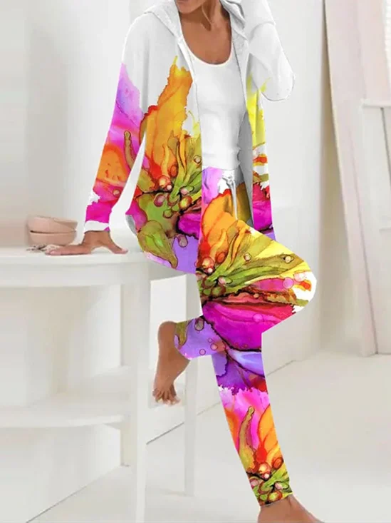 Damen Geblümt Täglich Ausgehen Zwei Stücke Set Langarm Lässig Frühling/Herbst Mantel mit Hosen Matching Set