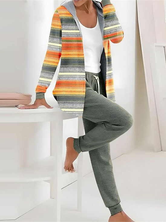 Damen Gestreift Täglich Ausgehen Zwei Stücke Set Langarm Lässig Frühling/Herbst Mantel mit Hosen Matching Set