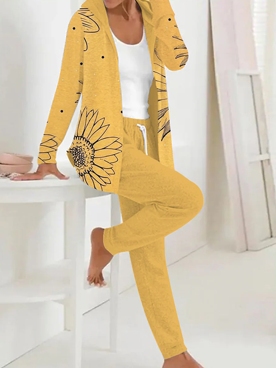 Damen Geblümt Zweiteiliges Set Täglich Langarm Lässig Frühling/Herbst Mantel mit Hosen Matching Set