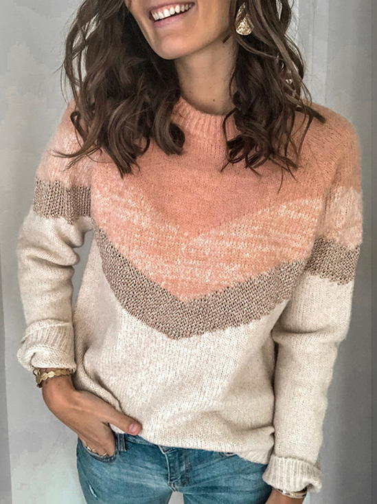 Damen Frühling/Herbst Farbblock Lässig Langarm Rundhals Garn/Wollgarn Pullover