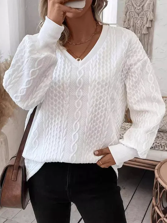 Damen V-Ausschnitt Unifarben Lässig Frühling/Herbst Langarm Sweatshirt