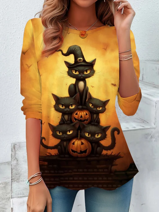 Damen Langarm T-Shirts T-Shirt Frühling/Herbst Halloween Print Jersey Rundhals Urlaub Ausgehen Retro Oberteile