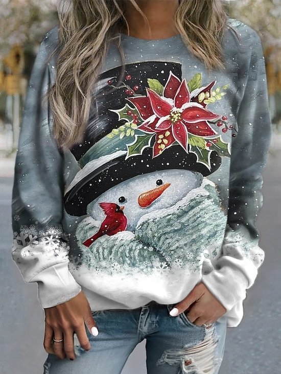 Damen Rundhals Weihnachtsschneemann Lässig Frühling/Herbst Langarm Sweatshirt