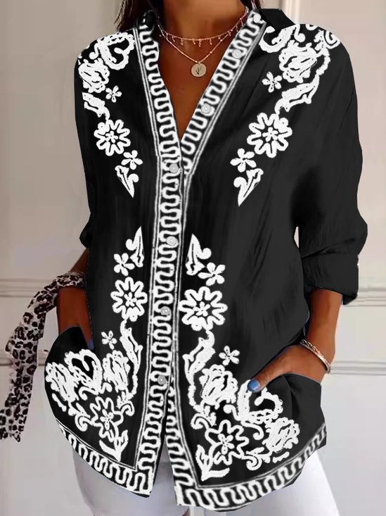 Damen Ethnisch Langarm Bluse Frühling/Herbst Hemdkragen Täglich Retro Oberteile