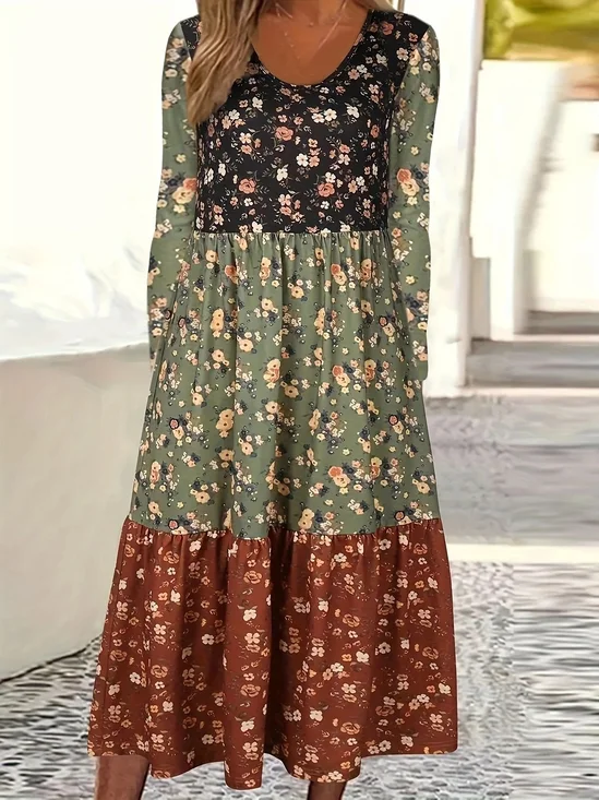 Damen Langarm Frühling/Herbst Geblümt Spitze Kleid Rundhals Täglich Ausgehen Lässig Maxikleid H-Linie