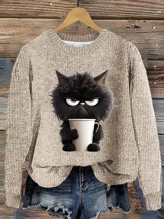 Damen Winter Katze Lässig Langarm Rundhals Strickpullover