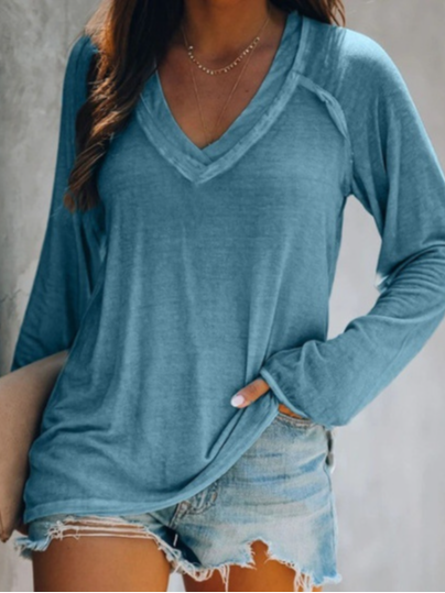 Damen Langarm Bluse Frühling/Herbst Unifarben Reißverschluss Jersey V-Ausschnitt Täglich Ausgehen Lässig Oberteile
