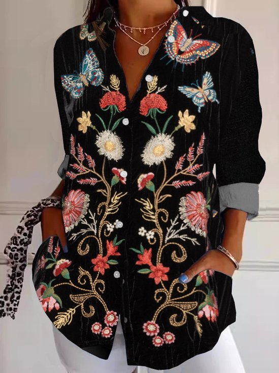 Damen Ethnisch Langarm Bluse Frühling/Herbst Hemdkragen Täglich Retro Oberteile