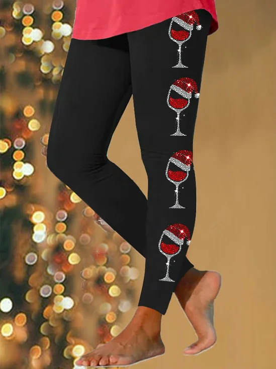 Damen Retro Weihnachten Wein Glas Jersey Alle Jahreszeiten Print Lang Leggings