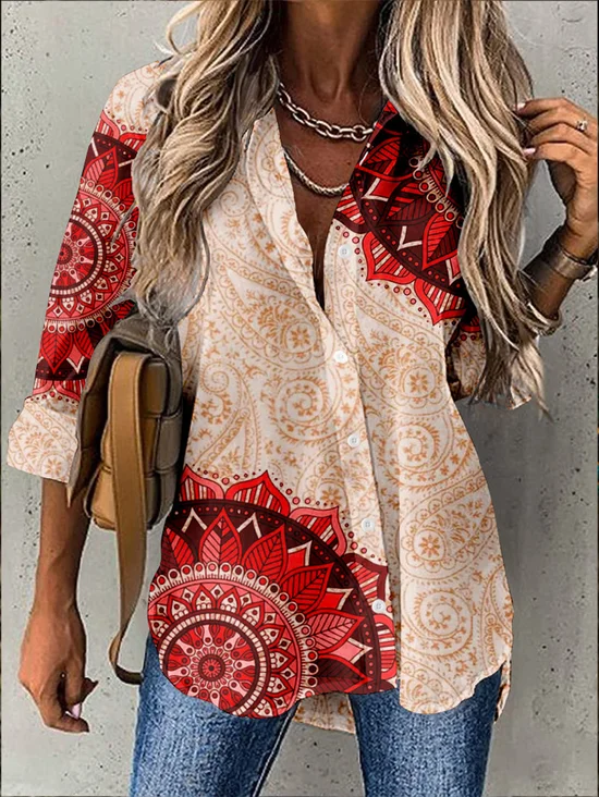 Damen Langarm Bluse Frühling/Herbst Farbblock Geknöpft Hemdkragen Täglich Ausgehen Retro Oberteile