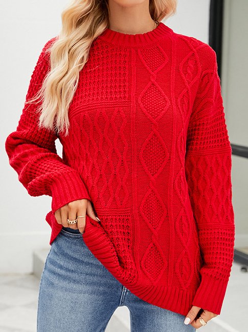 Damen Winter Unifarben Lässig Langarm Rundhals Garn/Wollgarn Pullover