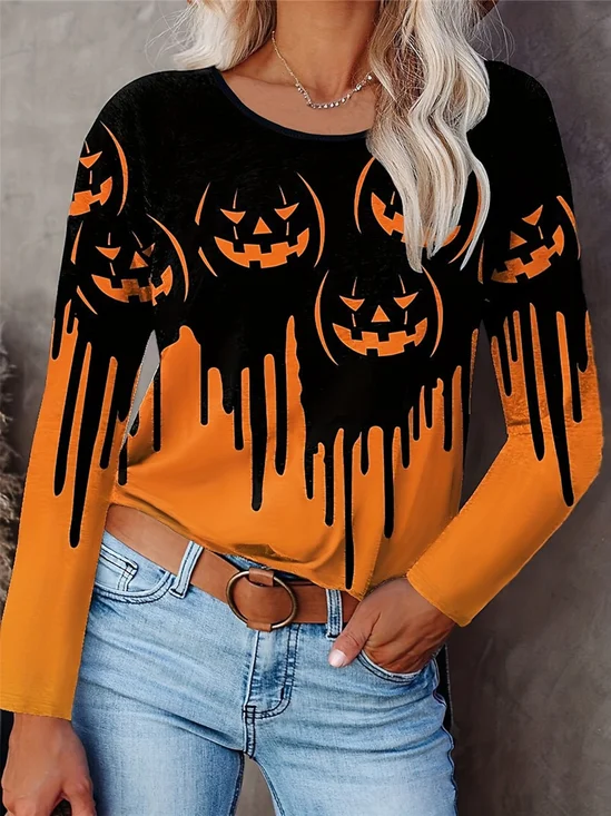 Damen Langarm T-Shirts T-Shirt Frühling/Herbst Halloween Print Jersey Rundhals Täglich Ausgehen Lässig Oberteile