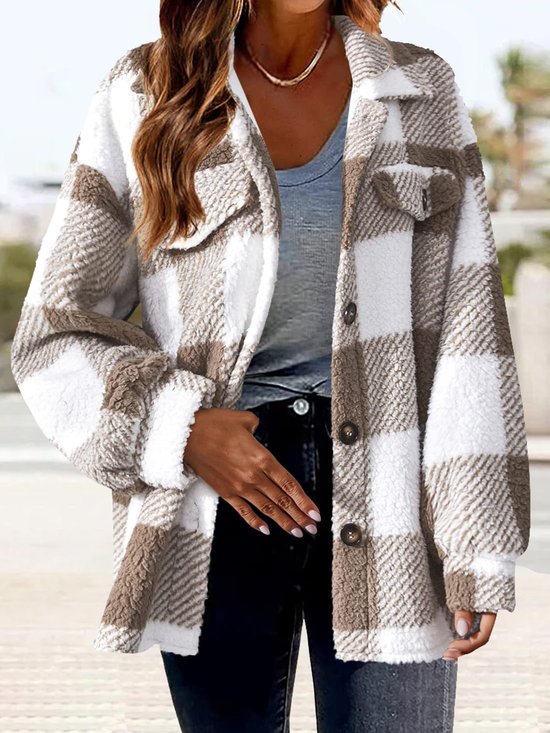Damen Winter Oberbekleidung Fluff/Granular-Vlies-Stoff Lässig Geknöpft Kariert Langarm Schalkragen Vlies Mantel