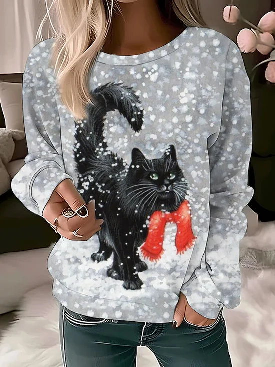 Damen Rundhals Katze Print Lässig Frühling/Herbst Langarm Sweatshirt