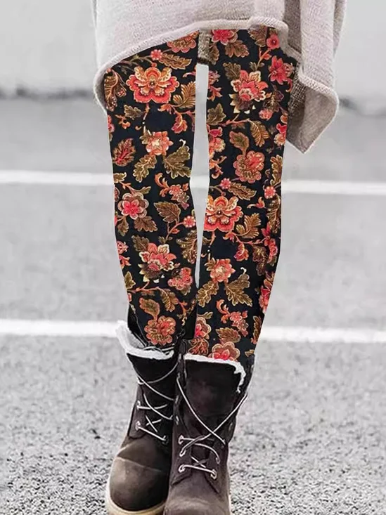 Damen Retro Geblümt Jersey Alle Jahreszeiten Lang Leggings