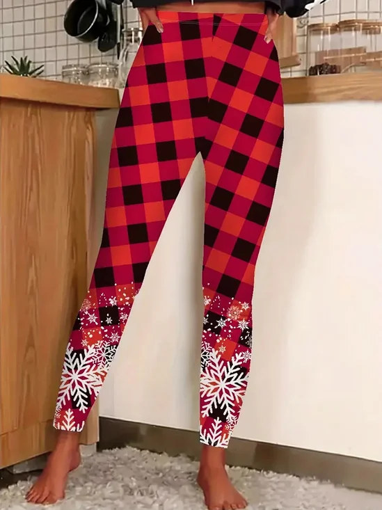 Damen Lässig Kariert Jersey Alle Jahreszeiten Lang Leggings