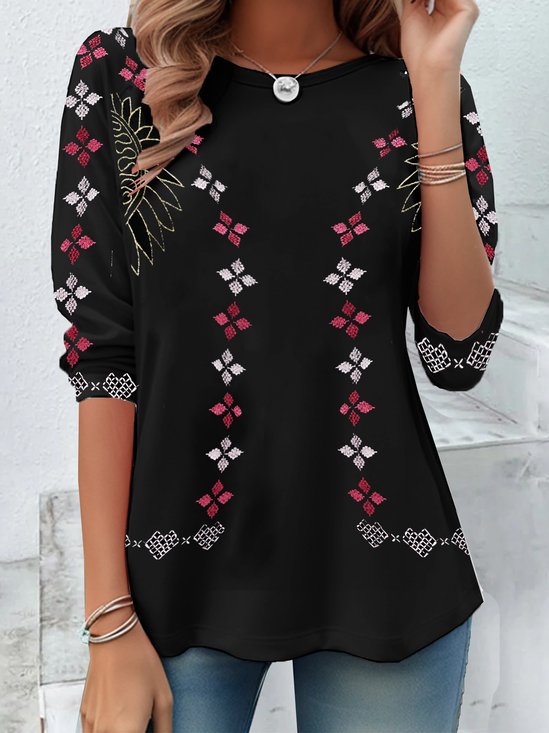 Damen Langarm T-Shirts T-Shirt Frühling/Herbst Ethnisch Geometrie Jersey Rundhals Täglich Ausgehen Retro Oberteile
