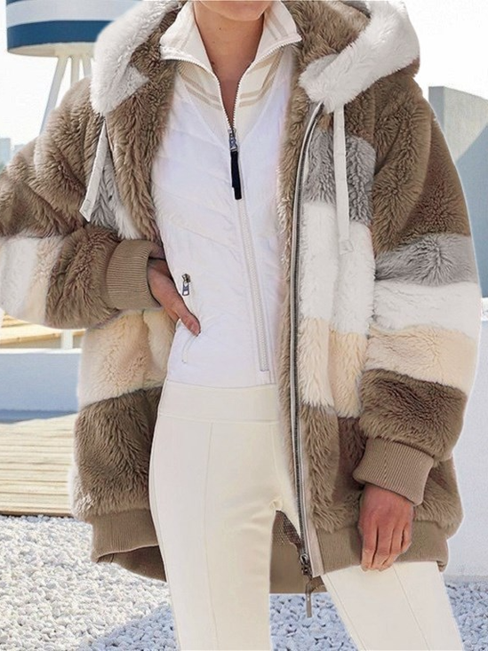 Damen Frühling/Herbst Oberbekleidung Lässig Fluff/Granular-Fleece-Stoff Farbblock Langarm Kapuze Jacke