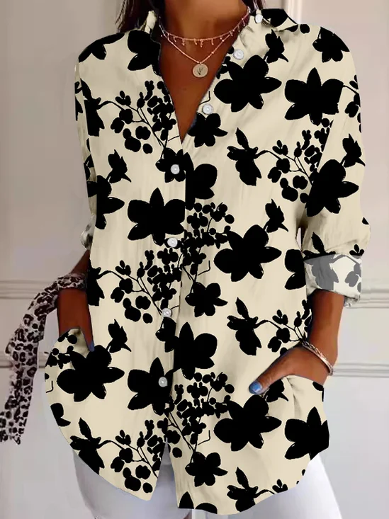 Damen Geblümt Langarm Bluse Frühling/Herbst Geknöpft Hemdkragen Täglich Retro Oberteile