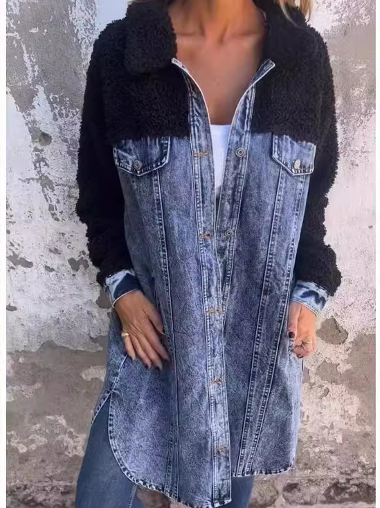 Damen Frühling/Herbst Oberbekleidung Lässig Denim Farbblock Langarm Schalkragen Jacke