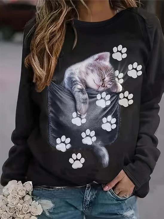 Damen Rundhals Katze Print Lässig Frühling/Herbst Langarm Sweatshirt