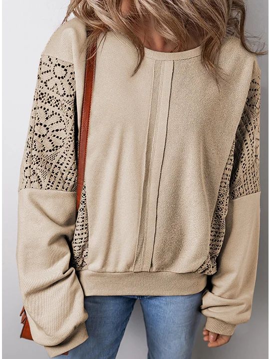 Damen Rundhals Unifarben Spitze Lässig Frühling/Herbst Langarm Sweatshirt