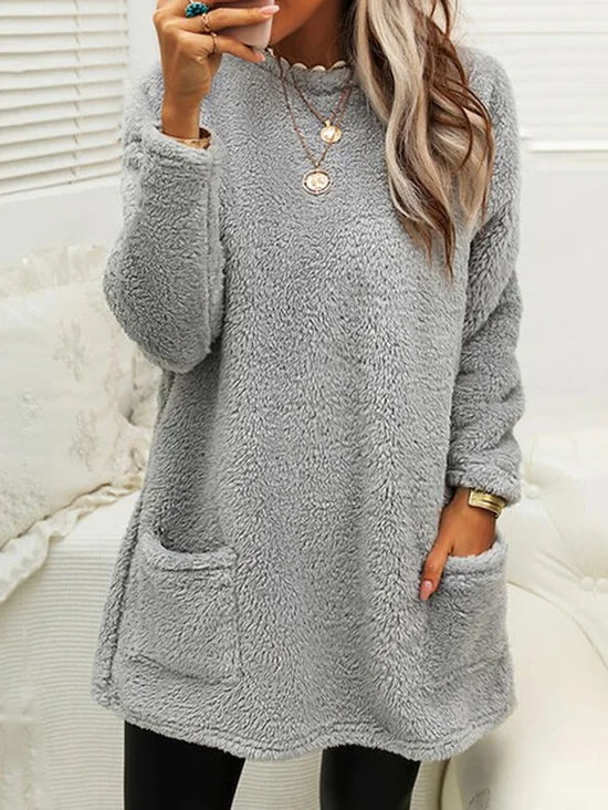 Damen Langarm Frühling/Herbst Unifarben Fluff/Granular-Fleece-Stoff Kleid Rundhals Täglich Ausgehen Lässig Midi H-Linie
