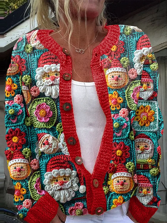 Damen Farbblock Langarm Rundhals Lässig Winter Strickjacke Oberbekleidung