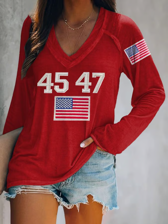 Damen Langarm T-Shirts T-Shirt Frühling/Herbst Textbriefe V-Ausschnitt Lässig Oberteile