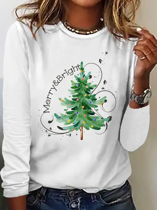 Damen Langarm T-Shirts T-Shirt Frühling/Herbst Weihnachtsbaum Baumwollmischung Rundhals Täglich Ausgehen Lässig Oberteile