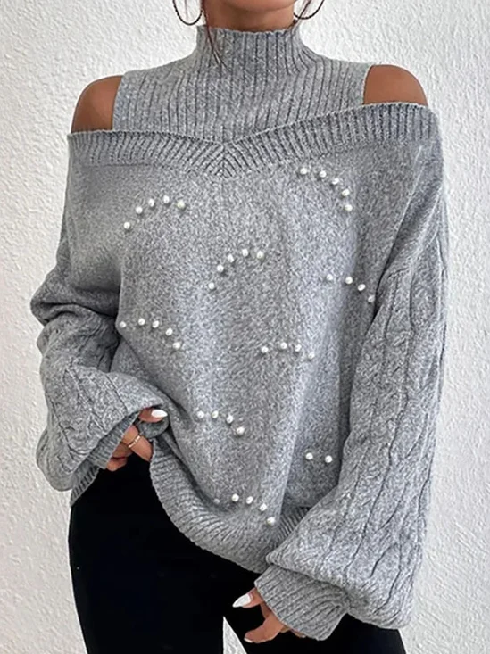 Damen Perlen Frühling/Herbst Unifarben Lässig Ballon-Ärmel Langarm Rundhals Wolle/Stricken Pullover