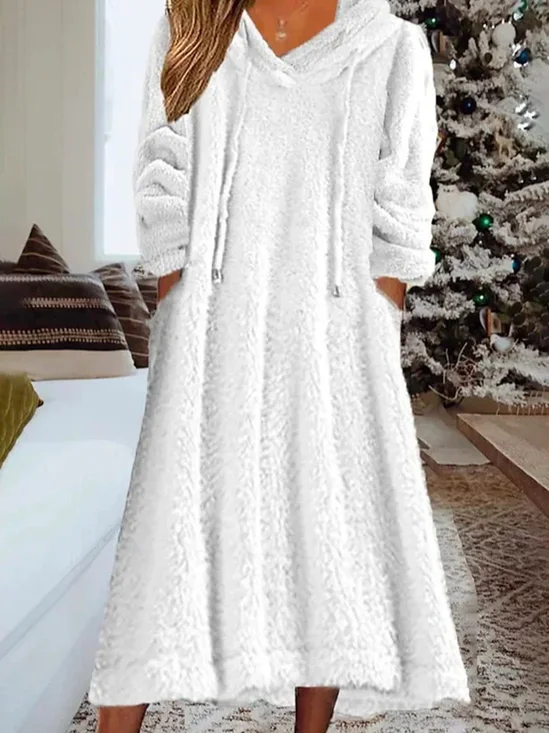 Damen Langarm Frühling/Herbst Unifarben Fluff/Granular-Fleece-Stoff Kleid Kapuze Täglich Ausgehen Lässig Midi H-Linie