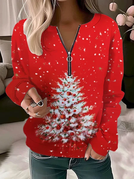 Damen Rundhals Weihnachtsbaum Lässig Frühling/Herbst Langarm Sweatshirt
