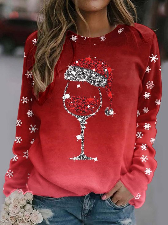 Damen Rundhals Weihnachten Wein Glas Lässig Frühling/Herbst Langarm Sweatshirt