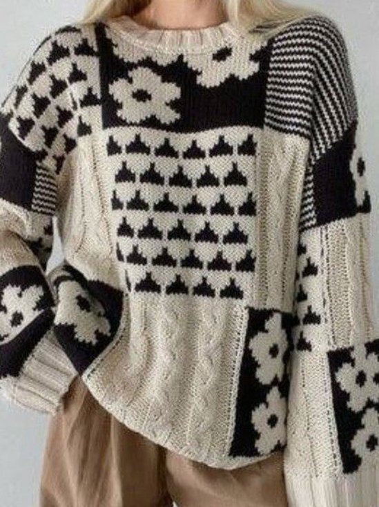 Damen Frühling/Herbst Geblümt Lässig Langarm Rundhals Wolle/Stricken Pullover