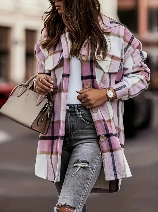 Damen Herbst Oberbekleidung Lässig Kariert Langarm Hemdkragen Jacke