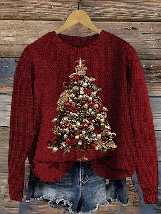 Damen Winter Weihnachtsbaum Lässig Langarm Rundhals Strickpullover