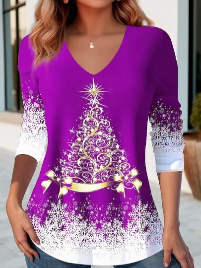 Damen Langarm Bluse Frühling/Herbst Weihnachten Warmbohren Jersey V-Ausschnitt Täglich Ausgehen Lässig Oberteile