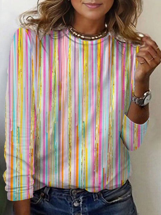Damen Langarm T-Shirts T-Shirt Frühling/Herbst abstrakte Streifen Jersey Rundhals Täglich Ausgehen Lässig Oberteile