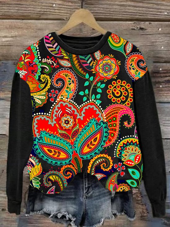 Damen Rundhals Ethnisch Lässig Frühling/Herbst Baumwolle Langarm Sweatshirt