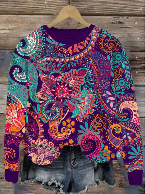 Damen Rundhals Ethnisch Lässig Frühling/Herbst Baumwolle Langarm Sweatshirt