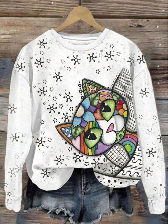 Damen Rundhals Katze Lässig Frühling/Herbst Baumwolle Langarm Sweatshirt