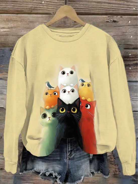 Damen Rundhals Katze Lässig Frühling/Herbst Baumwolle Langarm Sweatshirt