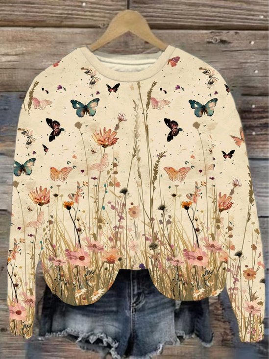 Damen Rundhals Geblümt Lässig Frühling/Herbst Baumwolle Langarm Sweatshirt