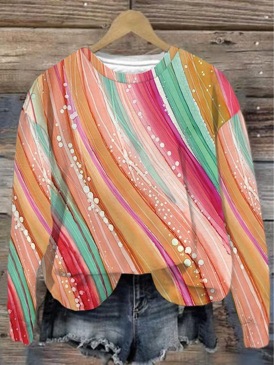 Damen Rundhals abstrakte Streifen Lässig Frühling/Herbst Baumwolle Langarm Sweatshirt