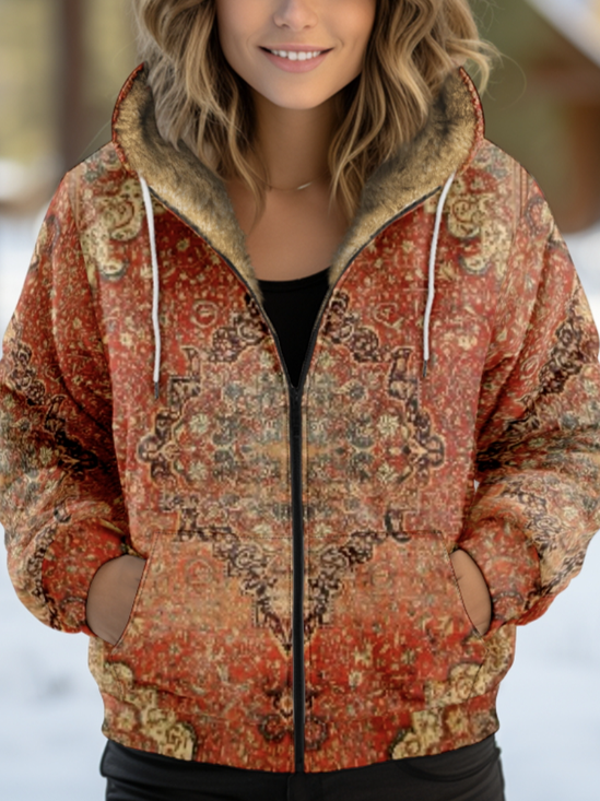 Damen Retro Winter 3d Drucken Kapuze Reißverschluss Gepolstert Parka