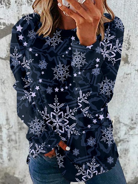 Damen Rundhals Schneeflocke Lässig Frühling/Herbst Baumwolle Langarm Sweatshirt