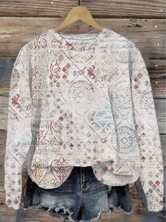 Damen Rundhals Ethnisch Lässig Frühling/Herbst Baumwolle Langarm Sweatshirt