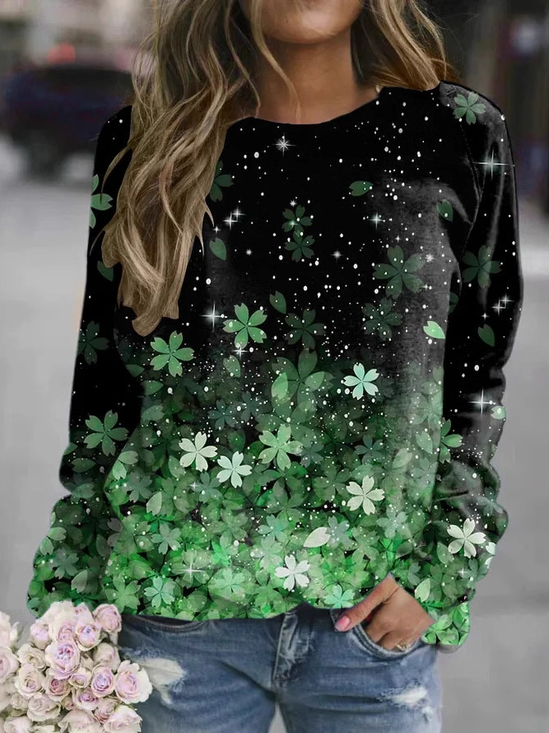 Damen Rundhals vierblättriges Kleeblatt Lässig Frühling/Herbst Langarm Sweatshirt